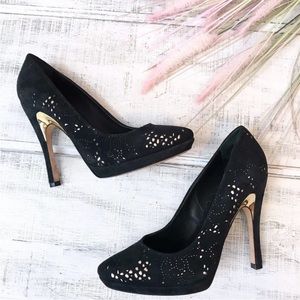 Alice + Olivia Suede Laser Cut Pumps -black and gold,  size EUR 38